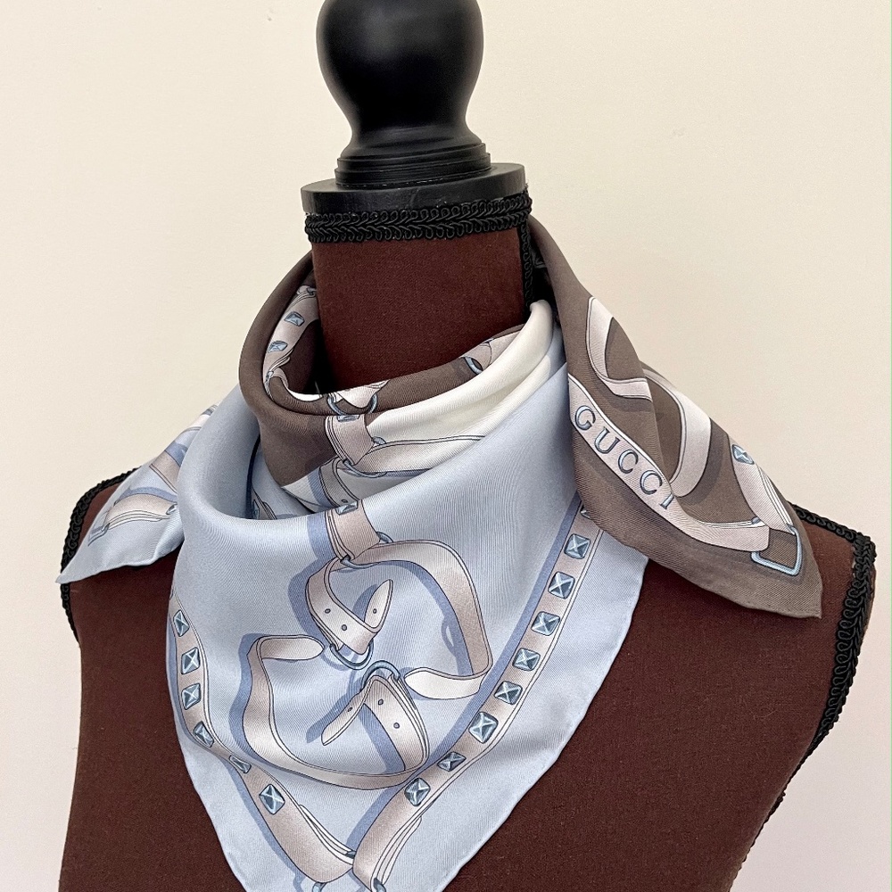 Gucci Logo Chains Color-Block Brown Blue GG Silk Scarf - Picture 11 of 13